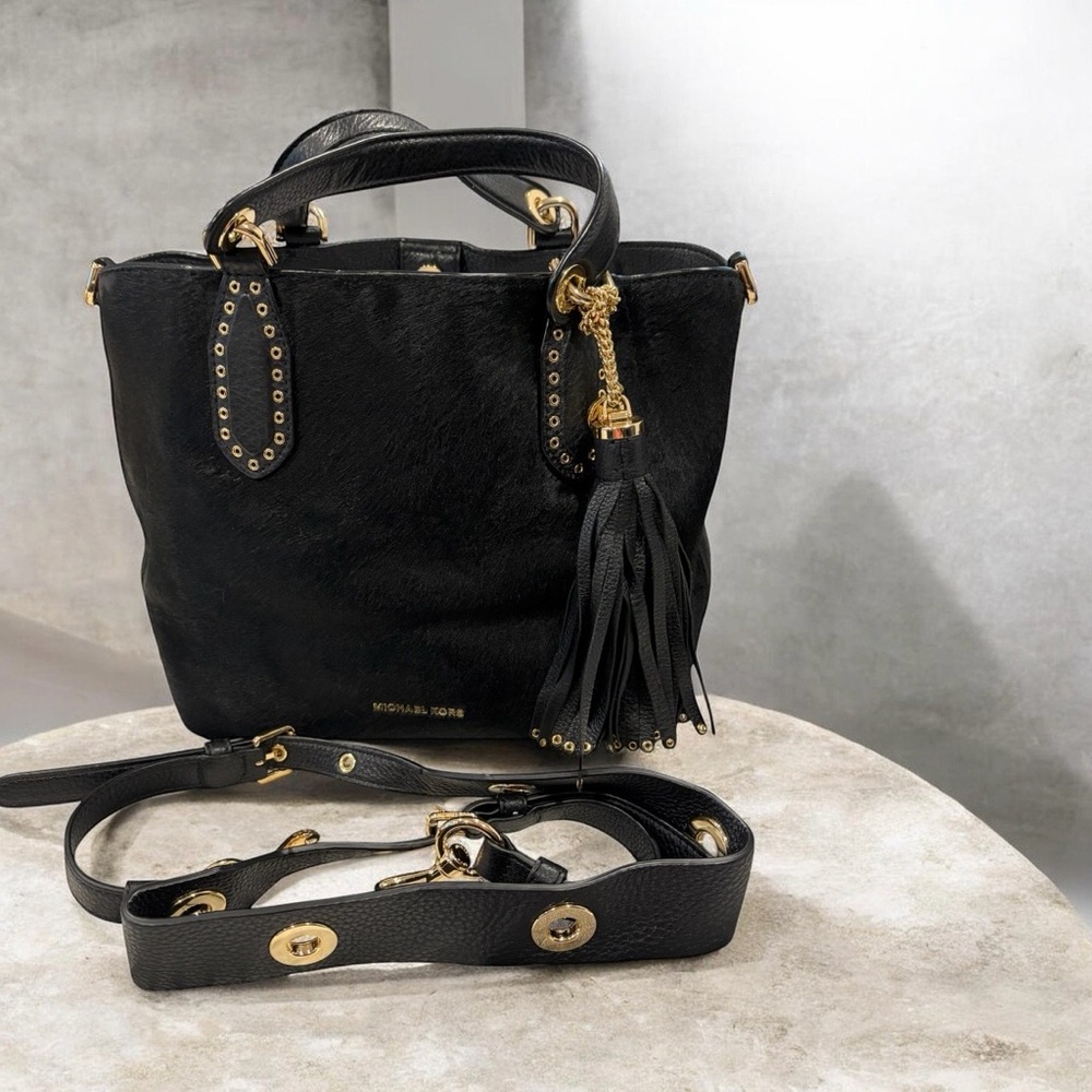 Michael Kors Black Leather Shoulder Bag with Gold Hardware and Tassel